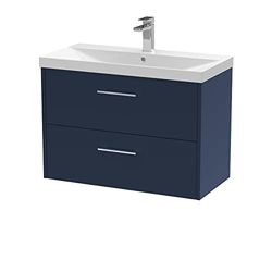 Hudson Reed JNU2926D Juno Modern Bathroom Wall Hung 2 Soft Close Drawer Vanity Unit and Thin-Edge Basin, 800mm, Midnight Blue