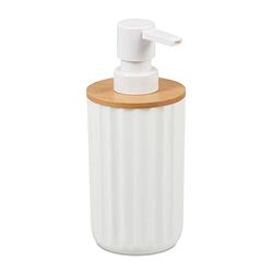 Relaxdays Dispenser di Sapone, Rotondo, Moderno,Ricaricabile,Testa a Pressione,Bambù & Plastica,Dosatore,bianco/naturale