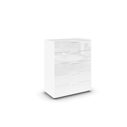 Rauch Möbel Bascule, Commode Haute avec Beaucoup d'espace de Rangement pour Couloir, Salon, Chambre à Coucher, Blanc Alpin/Verre Frontal, Blanc, 5 tiroirs, poignées Blanches, 80 x 100 x 42 cm