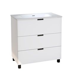 Baikal Mueble de Baño Tail. Conjunto de Baño de 3 Cajones con Patas, Apertura Mediante Triple uñero. Incluye Lavabo Cerámico. Mueble de Fondo de 46cm. Mueble MONTADO. Sin Espejo 80 cm Blanco