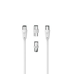 Hama TV-antennekabel + 2 adapters (coaxkabel, tv, 10 m, M/F, 75 ohm, dubbele afscherming 75 db, satelliet coaxkabel, tv-aansluiting op een tv-stekker of decoder) wit