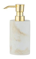 WENKO Dispensador de jabón «Odos», dosificador de jabón recargable para jabón líquido, hecho de de poliresina resistente en apariencia de mármol, 7 x 18 x 10 cm, capacidad de llenado 290 ml, en color blanco/dorado