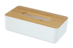 WENKO Scatola portasalviettine per salviettine o fazzoletti, contenitore di plastica con coperchio di bambù, estrazione semplice, per confezioni di cartone standard, 24 x 7,5 x 12,7cm, bianco/naturale