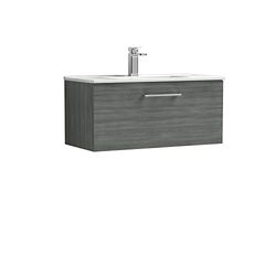 nuie ARN525B Arno Modern Bathroom Wall Hung 1 Drawer Vanity Unit with Minimalist Ceramic Basin, 800mm, Woodgrain Anthracite
