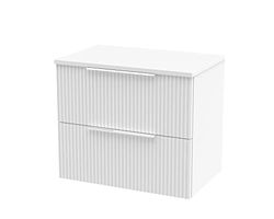 Hudson Reed DFF193W Fluted Modern Bathroom Wall Hung 2 Drawer Vanity Unit with Colour Match Worktop, 600mm, Satin White