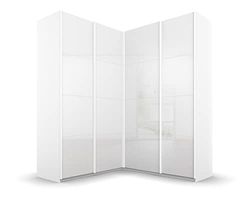 Rauch Möbel Quadra Armoire d'angle à Portes coulissantes Blanc/Blanc Brillant 4 Portes avec 2 tringles à vêtements, 12 étagères, 181 x 229 x 187 cm