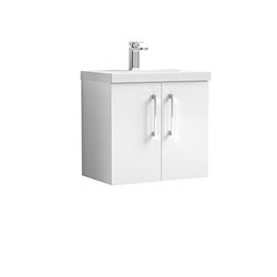 nuie ARN123A Arno Modern Bathroom Wall Hung 2 Door Vanity Unit with Mid-Edge Ceramic Basin, Gloss White