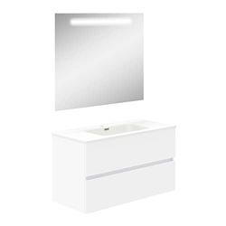 Baikal Mueble de Baño Dos cajones, suspendido a la Pared con Lavabo. Melamina 16. Mueble montado. Mueble de 100cm Blanco con Espejo con Luz Led