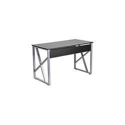 Flash-möbler dator skrivbord med utdragbar tangentbordsbricka, metall, svart laminattopp/silverram, 125,73 x 66,04 x 13,34 cm