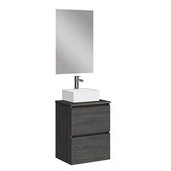 Baikal Mueble de Baño Onyx con Fondo Reducido. Mueble Suspendido en Pared Incluye Lavabo cerámico sobre encimera. Mueble Montado. con Espejo 50 cm Fondo 39, 2 Cajones Roble Azabache