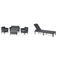 Keter Salemo Lounge Set, Set Mobili da Giardino in Rattan con Divano 2 Posti 2 Poltrone e Tavolino Porta Cuscini, Grafite & Sdraio Prendi Sole da Esterno Jaipur, Cuscino non Incluso, Colore Grafite