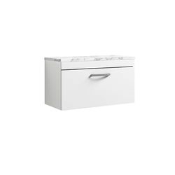 nuie ATH062LCM Athena Modern Bathroom Wall Hung Single Soft Close Drawer Vanity Unit and Carrera Marble Laminate Worktop, 800mm, Gloss White