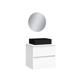 BAIKAL Mueble de Baño Onyx Black, 2 cajones, suspendido en Pared, con Lavabo cerámico en Negro Mate. Melamina 16mm. Mueble MONTADO. Lavabo Rectangular/con Espejo 70 cm Blanco