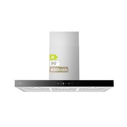 EVVO Campana Extractora Decorativa CE36, 90 cm Ancho, Potencia 650 m³/h, Acabado Inox borde negro, 3 Velocidades, Control Táctil, Temporizador de apagado, Eficiencia Energética A