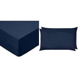 Amazon Basics FTD, Sábanas Ajustables, 90 x 190 x 30 cm, Azul Marino + Funda de Almohada de Microfibra, 2 Unidades, 50 x 80 cm Azul Marino