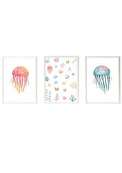Set 3 Láminas infantiles formado por Lámina medusa rosa, estampado océano y medusa azul