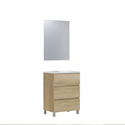 Baikal 280034605 Set di mobili da bagno Neo con lavabo in ceramica e specchio luna liscia, tre cassetti, su gambe, finitura in Nature, misure 60 x 83 x 46 cm, mobile montato