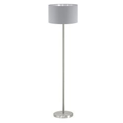 EGLO Candeeiro de pé Maserlo, candeeiro de sala têxtil de 1 holofote, luz de pé de aço e tecido, cor níquel mate, cinza, prata, suporte de lâmpada E27, Incll interruptor de pé