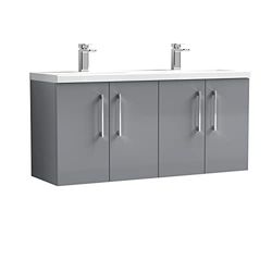 nuie ARN1323F Arno Modern Bathroom Wall Hung 4 Door Double Vanity Unit with Twin Ceramic Basin, Cloud Grey