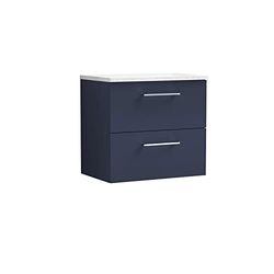 nuie ARN2924LSW Arno Modern Bathroom Wall Hung 2 Soft Close Drawer Vanity and Sparkling White Laminate Worktop, 600mm, Midnight Blue
