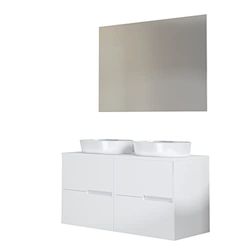 Baikal Mueble de baño Gavin, 2 cajones, Mueble Suspendido en Pared. Incluye Lavabo Cerámico sobre Encimera. Varios Acabados y Medidas. Mueble MONTADO. con Espejo 60+60 cm Blanco