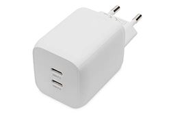 DIGITUS Caricabatterie universale GaN 65 W - 2 porte USB-C - Caricatore rapido Power Delivery (PD 3.0) - Per iPhone, iPad, Samsung Galaxy, Pixel, Xiaomi, Motorola, Huawei - Bianco