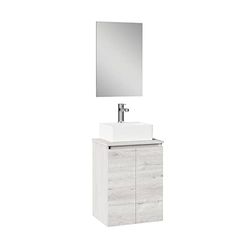 Baikal Mobile da bagno in onice con fondo ridotto, mobile sospeso a parete con lavabo in ceramica su piano mobile montato con specchio 46 cm fondo 36, 2 ante rovere grigio