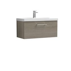 nuie ARN2525D Arno Modern Bathroom Wall Hung 1 Drawer Vanity Unit with Thin-Edge Ceramic Basin, Solace Oak