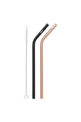 Reusable Straws Stainless Steel x 2 with Cleaning Brush, Scratch & Rust Proof, 100% Recyclable Product & Packaging, BPA & Toxin Free, Dishwasher Safe (Bent: Black & Rose Gold)