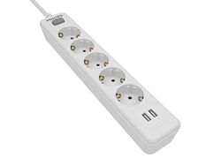 Philips SPN3052WA/10 Bloc d'alimentation à 5 Prises Schuko et 2 Ports USB 2,4 A, Interrupteur Marche/arrêt, câble d'alimentation tressé 1,5 mètre (Haute résistance) - Blanc
