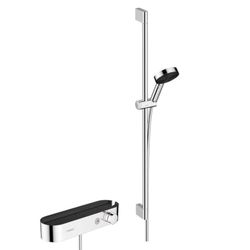 hansgrohe Pulsify Select S - Juego de ducha con cabezal de ducha, riel de ducha de 90 cm, manguera de ducha y soporte para alcachofa, ducha de mano con 3 pulverizadores (incluye PowderRain), cromado,