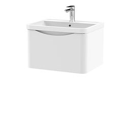 nuie LUN105 Lunar Modern Bathroom Wall Hung 1 Drawer Vanity Basin Unit & Polymarble Basin, 600mm, Satin White