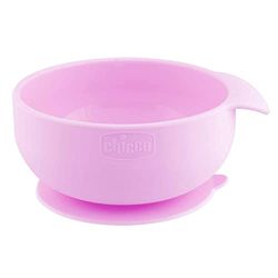 Chicco silikonskål med sugkopp för baby och barn, mjuk matplatta för halvflytande mat med ergonomiskt handtag, diskmaskin säker, mikrovågssäker - 6+ månader, rosa
