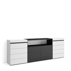 Skraut Home | Ladekast, Commode | Dressoir, 4 lades | 214x75x35 cm | Voor slaapkamer, kamer | Met opbergruimte | Moderne stijl | Wit en Zwart