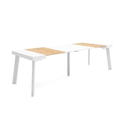 Skraut Home | Table Console Extensible | Console Meuble | 260 | pour 12 Personnes | Pieds en Bois | Style Moderne | Chêne et Blanc