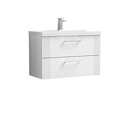 nuie DPF195A Deco Modern Bathroom Wall Hung 2 Drawer Part Fluted Vanity Unit with Mid-Edge Ceramic Basin, Satin White