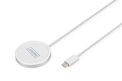 DIGITUS almohadilla de carga inalámbrica para smartphones, 15W de potencia de salida, compatible con MagSafe, carga inductiva, carga inalámbrica, cable de conexión USB-C de 1m, blanco