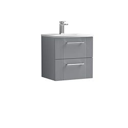 nuie Modern Bathroom Wall Hung 2 Drawer Part Fluted Vanity Unit with Curved Ceramic Basin, Satin Grey, 500MM