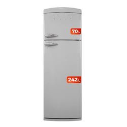 EVVO Frigorífico combi 2 puertas Retro, Diseño Vintage, Less Frost, Capacidad Frigorífico 242L y Congelador 70L, Libre de Gas CFC, Refrigeración Turbo Fan, Crisper Zone (F50 Retro Color Gris)