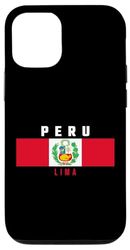 Carcasa para iPhone 14 Pro Bandera del Perú con el texto PERU- LIMA en mayúsculas