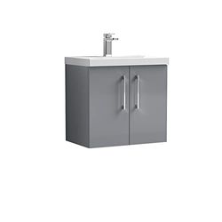 nuie ARN2223D Arno Wall Hung 2 Door Vanity Unit & Thin-Edge Ceramic Basin, 600mm, Satin Grey