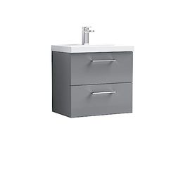 nuie ARN2224A Arno Wall Hung 2 Drawer Vanity Unit & Mid-Edge Ceramic Basin, 600mm, Satin Grey