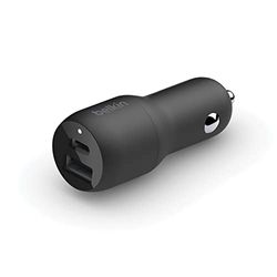 Belkin 37W Dual Port Fast Car Charger, USB Type C 25W PPS Port and USB A 12W Port for Samsung Galaxy S23, S22, Ultra, 5G, Plus, Note 20, iPhone 14, iPhone 13, 12, Pro,Max,Mini & More - Black 12 Volts