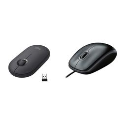 Logitech Pebble Mouse wireless con Bluetooth o ricevitore da 2,4 GHz & B100 Mouse USB Cablato, 3 Pulsanti, Rilevamento Ottico, Ambidestro, PC/Mac / ‎Laptop/Chromebook - ‎Nero