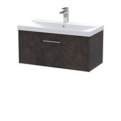 Hudson Reed JNU2625D Juno Modern Bathroom Wall Hung 1 Drawer Vanity Basin Unit & Thin-Edge Ceramic Basin, 800mm, Matt Metallic Slate
