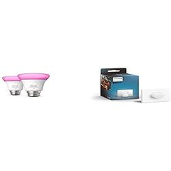 Philips Hue White & Colour Ambiance Smart Light Bulb Twin Pack LED [B22] with Bluetooth - 1100 Lumen + Hue Smart Button. Works with Alexa, Google Nest, Apple Homekit.