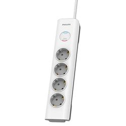 Philips SPN7040WA/10 - Bloc Multiprise 4 Prises Schuko, Power Lock, 3.680W, 600J, Câble d'Alimentation Tressé 2 Mètres Haute Résistance, Verrouillage de Sécurité (Indicateur LED Protection Surtension)