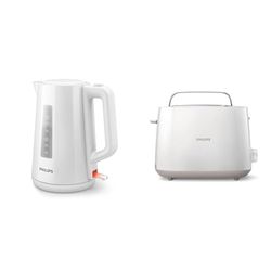 Philips Daily Collection HD2581/00 Tostapane con 8 Impostazioni e Griglia Scaldabriosche Integrata, Bianco & Bollitore in plastica in Vetro Trasparente, con Spia Luminosa LED, capacità 1