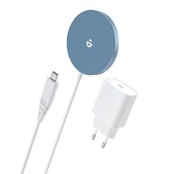 Mag-Safe Chargeur avec Adaptateur USB-C, Chargeur sans Fil magnétique Rapide pour iPhone 15/14/13/12 séries et AirPods Ultra Slim Charge inductive sans Fil (Bleu)