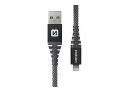 Swissten - Cable USB/Lightning extremadamente resistente - reforzado con fibra Kevlar - Cable de carga y transferencia de datos - Soporta carga rápida de hasta 60 W - 1,5 m - Negro